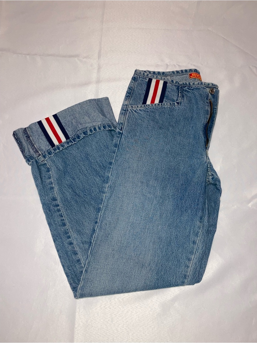 JNCO Light Blue Denim Wide Leg Jeans with Red-White-Blue Stripe Trim